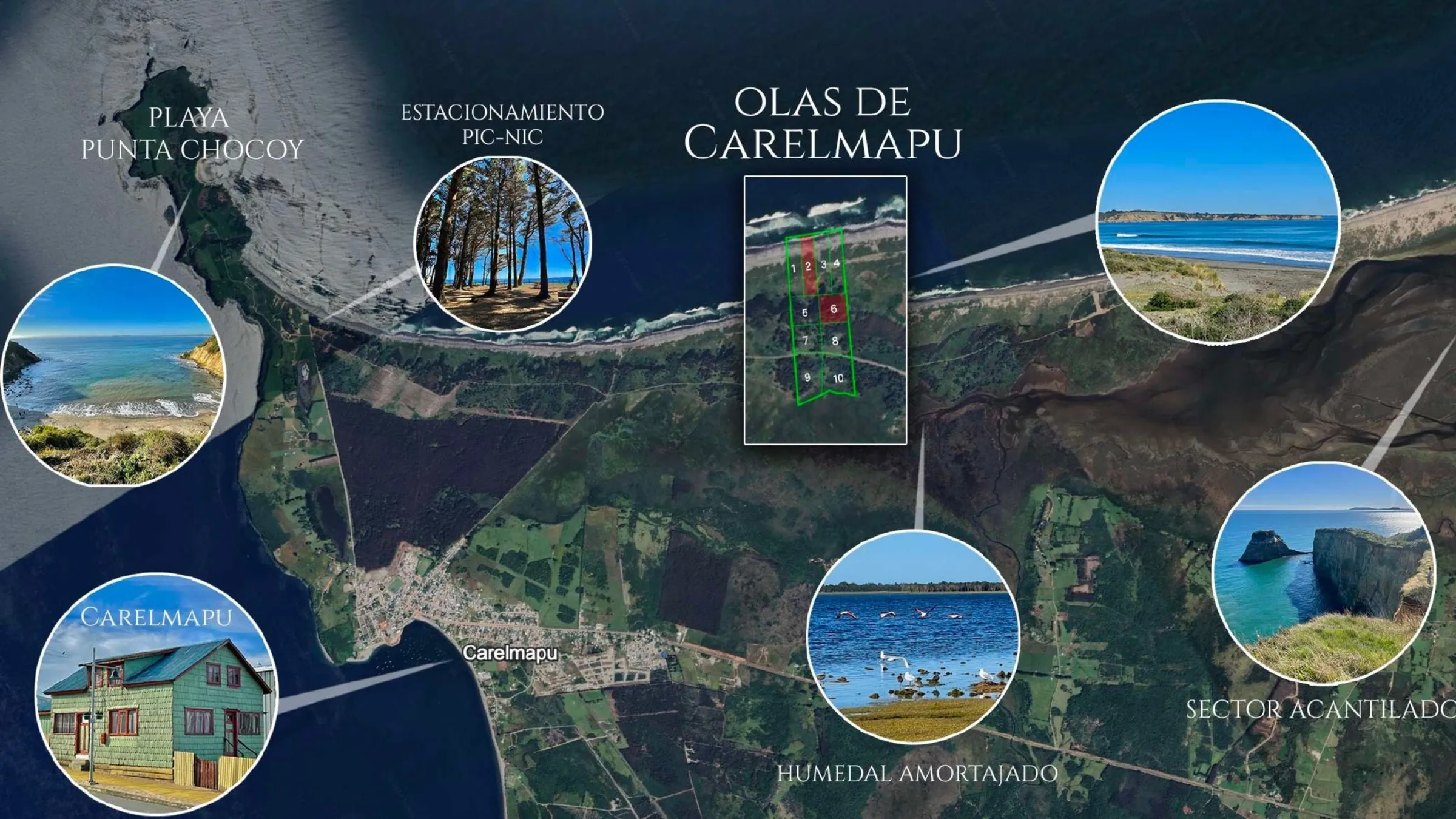 Mapa del entorno: Punta Chocoy, picnic, humedal, acantilados y el pueblo de Carelmapu
